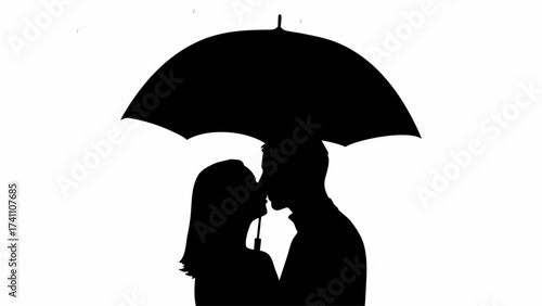 Silhouette of a couple kissing under an umbrella in black and white romantic scene depicting love and affection