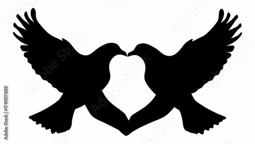 Two black doves facing each other with wings spread forming a heart shape on a white background design
