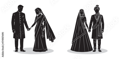 Indian Bride and Groom Silhouette Illustration – Traditional Wedding Couple Vector Set