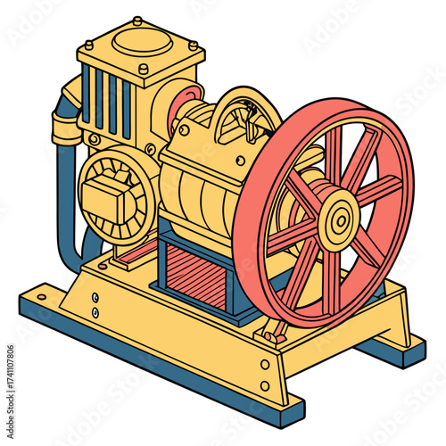 Colorful industrial engine machine with large flywheel
