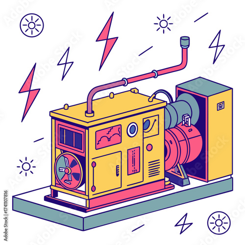 Colorful industrial generator with lightning bolts and sun icons