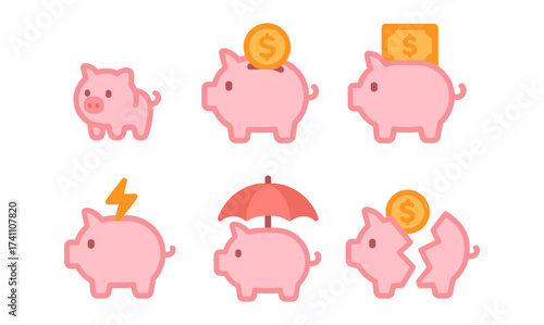 Cute flat piggy bank icons for saving and investment themes