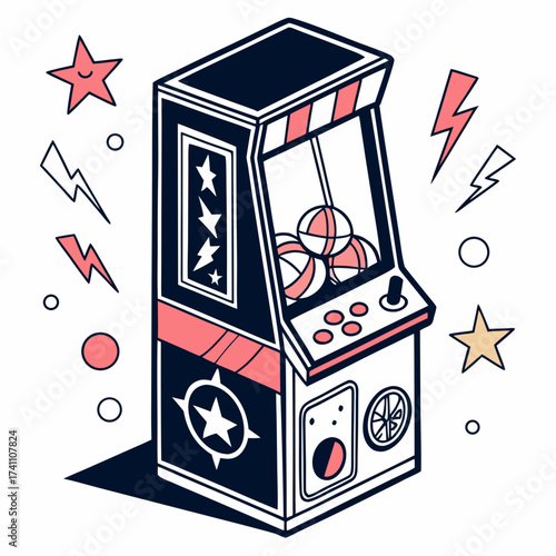 Colorful isometric arcade claw machine with stars and lightning bolts