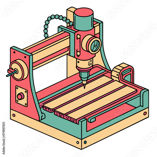 Colorful isometric C N C milling machine illustration