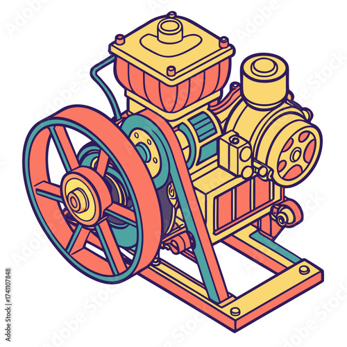Colorful isometric engine with belt and pulley machine
