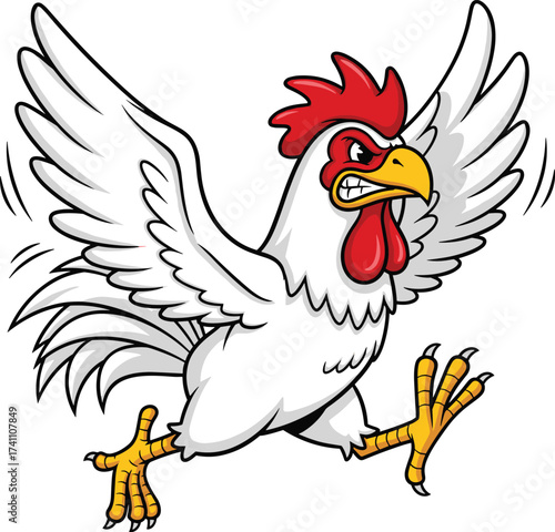 Angry cartoon chicken, aggressive pose, red comb, expressive face, dynamic motion, farm animal character, humorous artwork, bold design, running bird