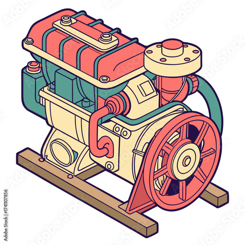 Colorful isometric engine on wooden base machine motor