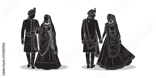 Traditional Indian Wedding Couple Silhouette – Bride and Groom in Ethnic Outfit Illustration