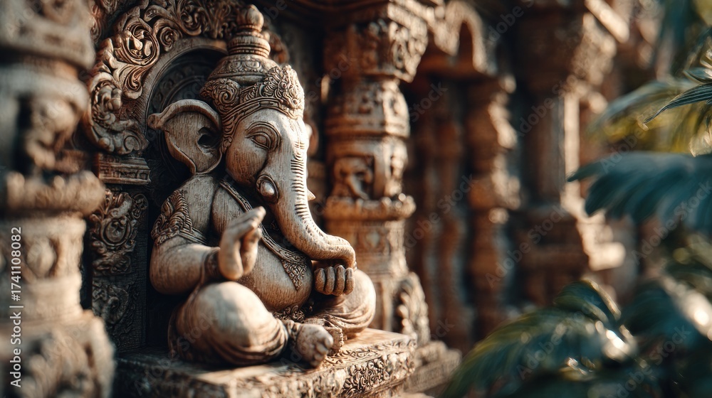 Fototapeta premium Magnificent stone carved Ganesha idol sculpture with serene expression