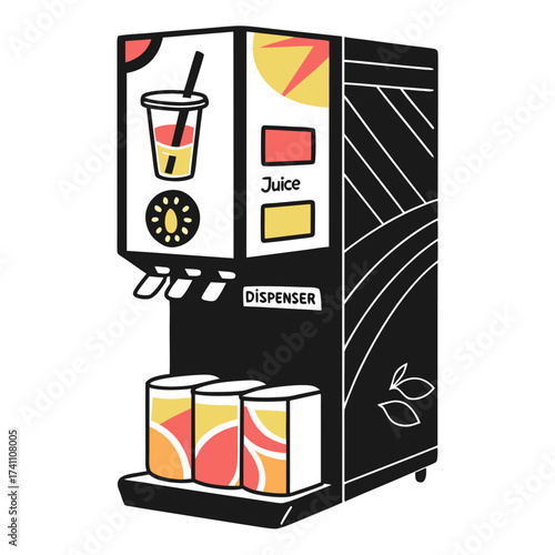 Colorful juice dispenser with cups and containers beverage machine