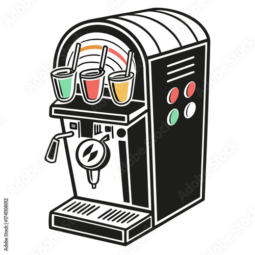 Colorful juice dispenser with cups and straws beverage machine