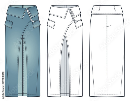 Low Rice zipper Skirt with front slit fashion flat sketch. Asymmetric Denim Skirt fashion flat technical drawing template, front and back view, white, vintage blue, women CAD mockup.