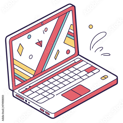 Colorful laptop computer with geometric screen display