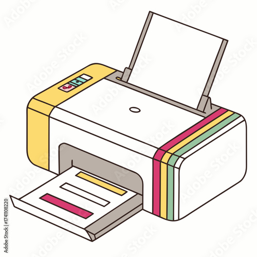 Colorful office printer with paper output and input tray