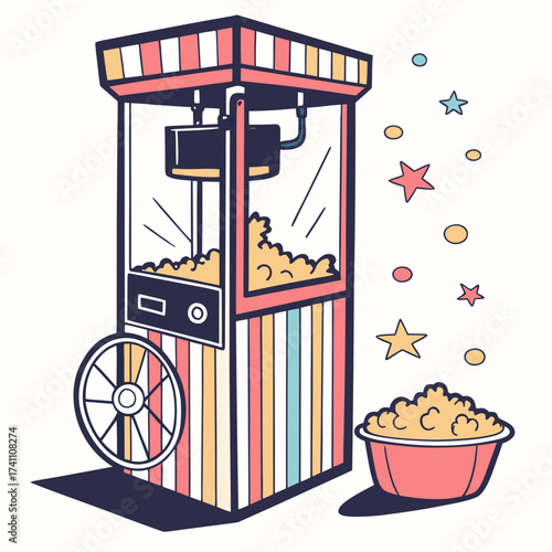 Colorful popcorn machine with overflowing bowl and stars