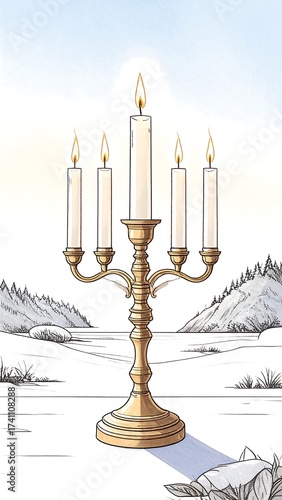 Golden candleholder on snowy landscape