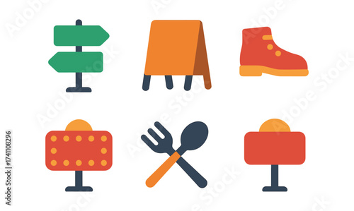 Colorful icons of signs, footwear, and tableware in flat design