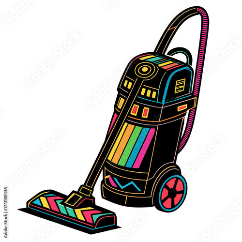 Colorful retro vacuum cleaner with geometric patterns