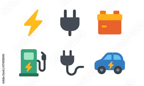 Colorful icons of electric vehicle charging and power sources in flat design