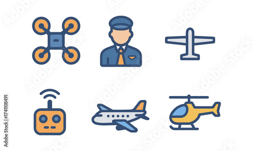 Aviation icons: pilot, drone, remote, airplane, helicopter in line art