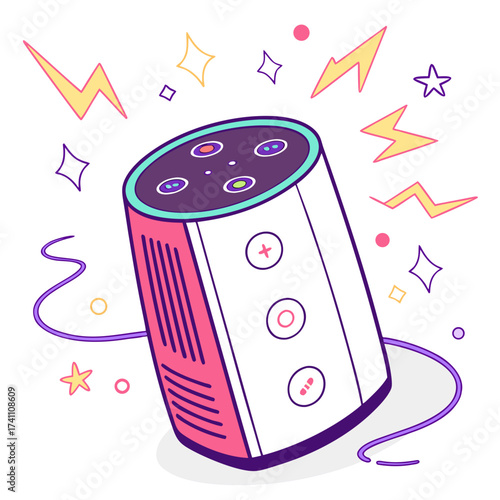 Colorful smart speaker with lightning bolts and stars