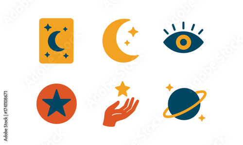 Mystical symbols collection: moon, eye, star, hand, and planet icons in flat style