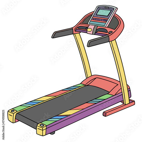 Colorful treadmill machine with screen and rainbow accents