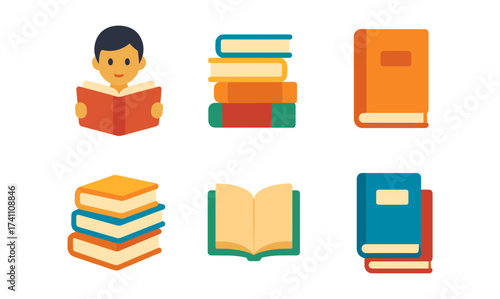 Colorful collection of books and reading icons with simple flat design