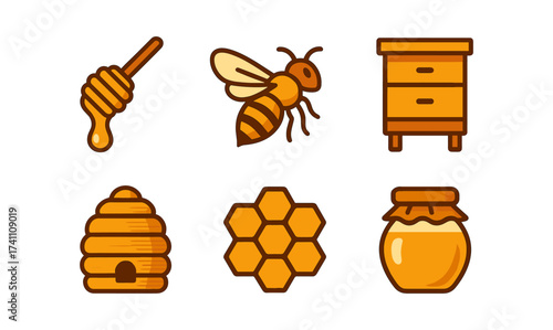 Colorful icons of beekeeping tools and products in cartoon style