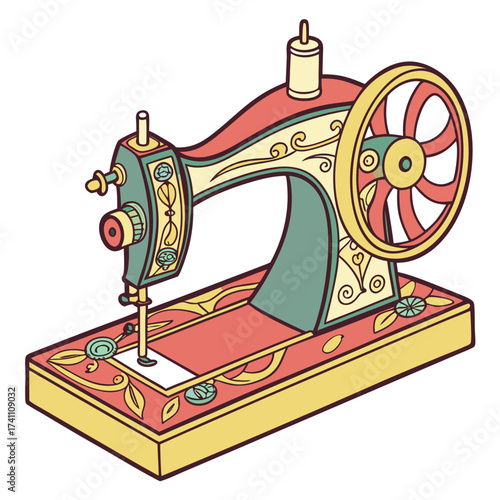 Colorful vintage sewing machine with ornate details 1