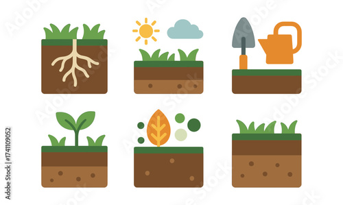 Flat design gardening icons: plants, tools, and soil elements