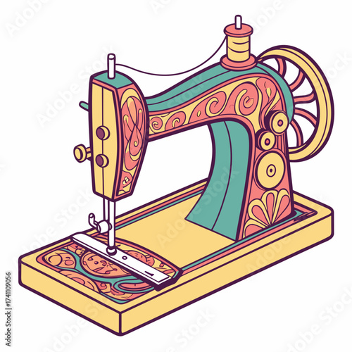Colorful vintage sewing machine with ornate details 3