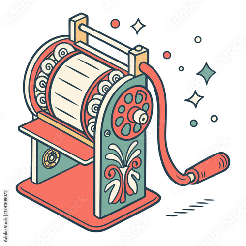 Colorful vintage ticket printing machine illustration