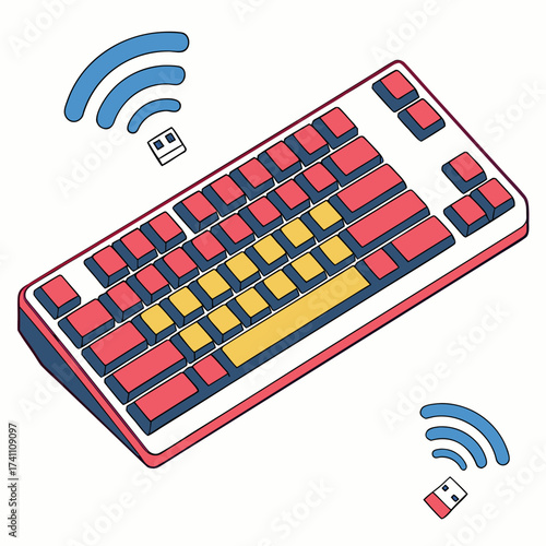 Colorful wireless keyboard and U S B dongles with signal waves