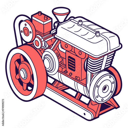 Coral and White Tractor Engine Graphic machine motor