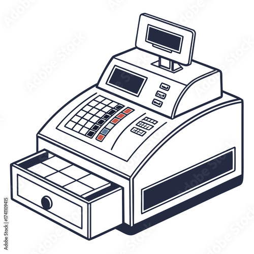 Dark blue and white cash register with open drawer