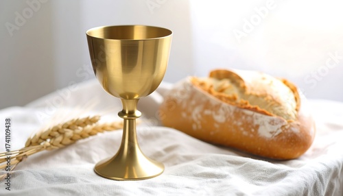 Golden chalice and bread on a cloth
