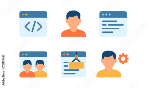 Colorful flat icons of web development and user interface elements