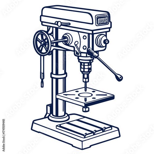Dark blue drill press illustration on white drilling machine