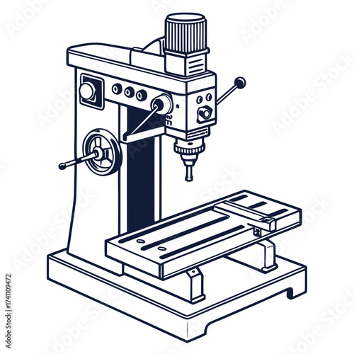 Dark blue line art milling machine on white drill press