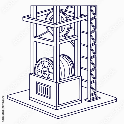 Elevator machine mechanism graphic on white motor pulley