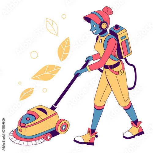 Futuristic robot cleaning machine with yellow suit and headphones
