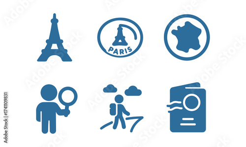 Travel icon set featuring paris landmarks and exploration symbols in blue flat style