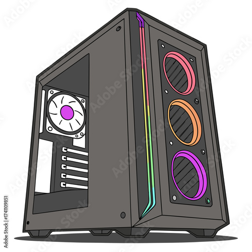 Gray computer tower with colorful R G B lights and fan