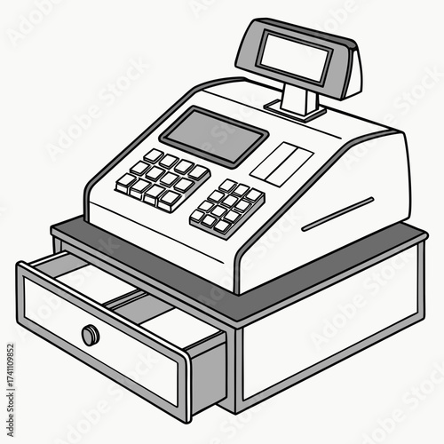 Gray and white illustration of an open cash register