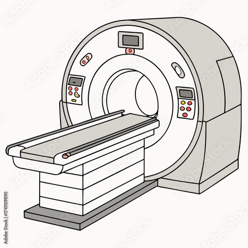 Gray and white M R I machine with light gray bed mri machine