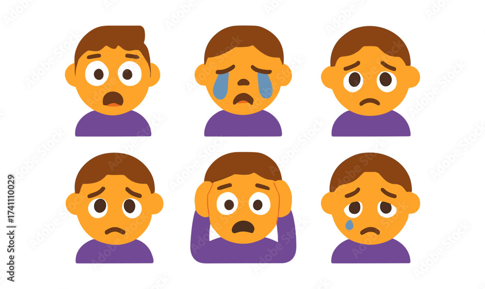 Obraz premium Flat style emotional faces: expressions of sadness, fear, and worry in cartoon style