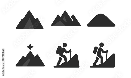 Minimalist hiking and mountain icons set for outdoor adventure themes