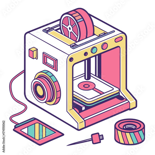 Isometric 3d printer with colorful filament spool and tools