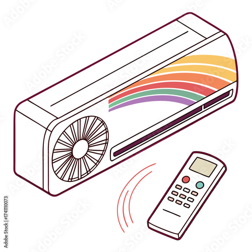 Isometric air conditioner unit with colorful stripes and remote control
